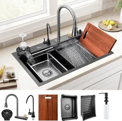 Fossa 32"x18"x10" inch  Single Bowl Premium Waterfall Kitchen Sink Honeycomb Embossed Sink with White Nano Coating, Stainless Steel, Rectangular Workstation, Faucet With All Accessories.